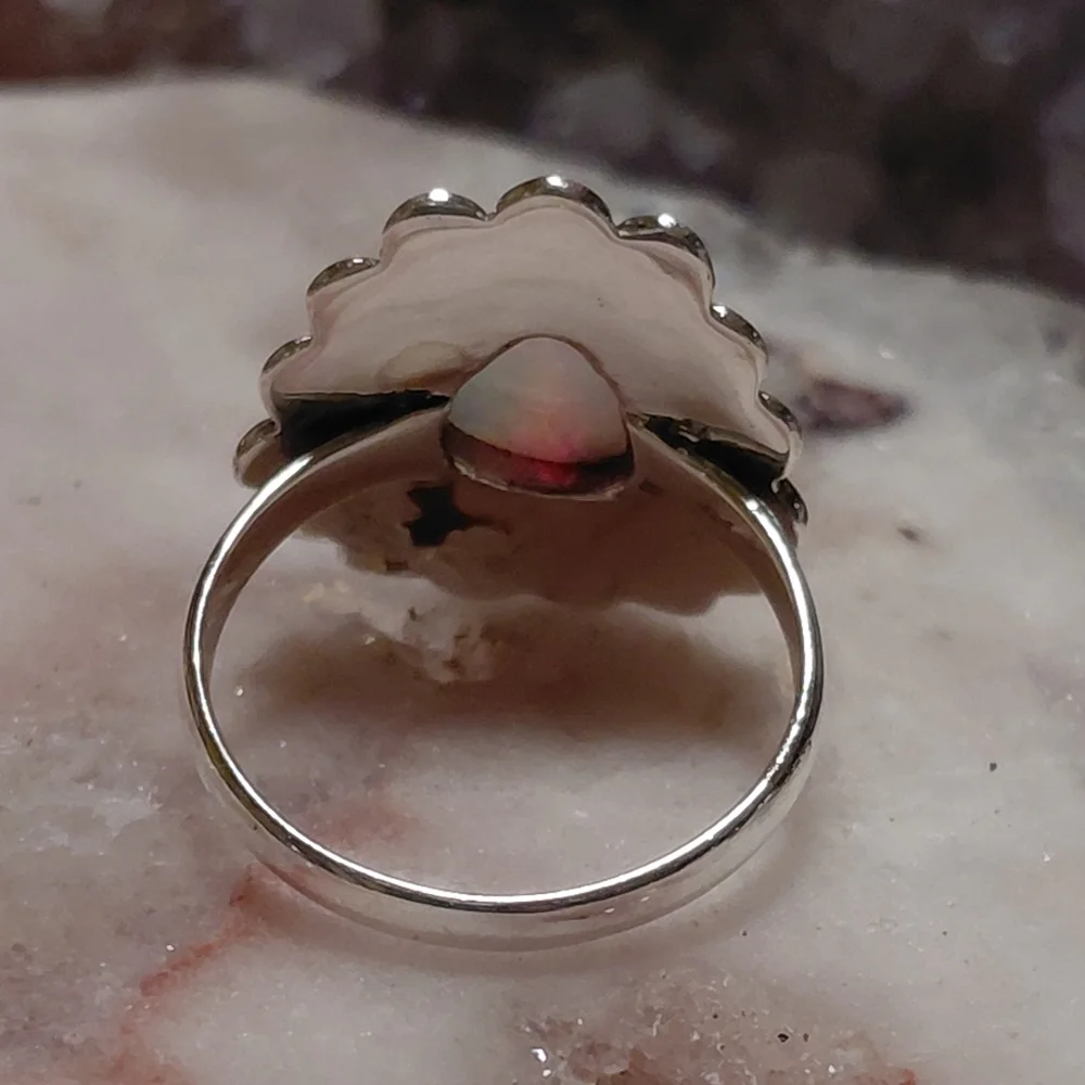 Vintage Style Ethiopian Opal Silver Ring Size 8.25